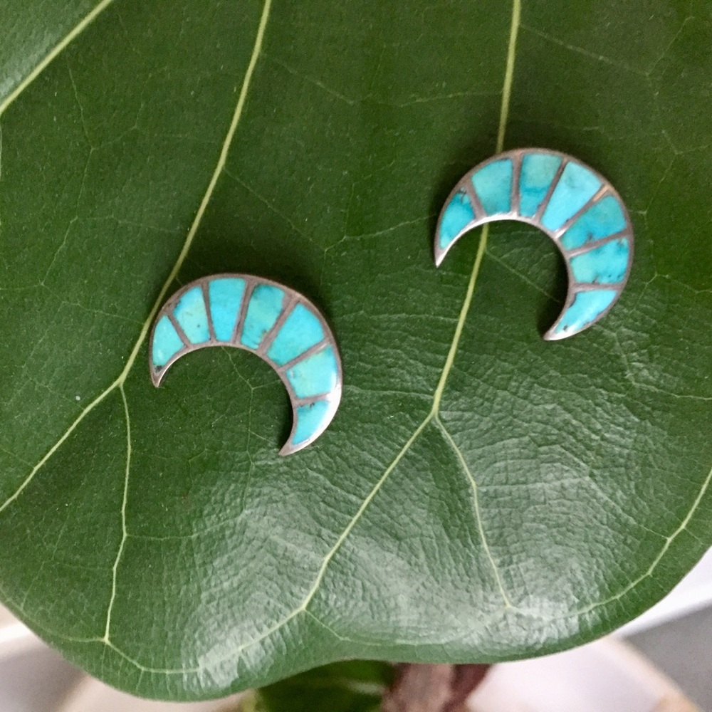 Antique turquoise & silver crescent moon earrings